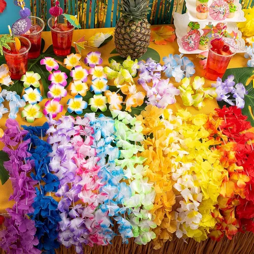 Vista 7 de JOYIN Juguete de 12 unidades de leis hawaianos a granel, flor tropical Lei hawaiana Lei playa Hawaii Luau recuerdos de fiesta decoración suministros