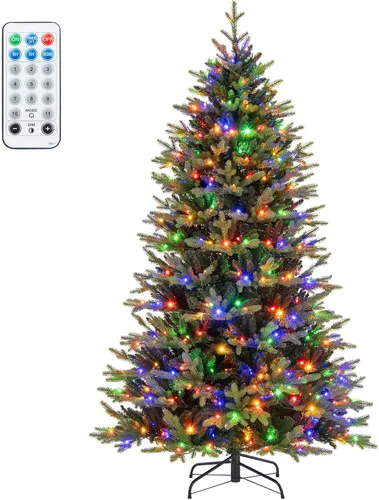 Vista 10 de HAPPYGRILL - Árbol de Navidad artificial preiluminado de 2.1 m, árbol de Navidad con nieve flocada y 320 luces LED multicolor, 8 modos de Snow Pe
