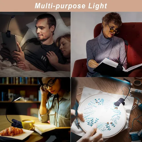 Vista 6 de Luz de libro recargable: luz LED de libro con clip para leer en la cama, ajustable de 3 colores y 3 brillos - Lámpara de lectura para el cuidado