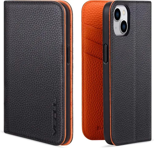 Vista 13 de VISOUL Funda tipo cartera de piel auténtica para iPhone 14, con tapa magnética, con tarjetero y función atril, compatible con iPhone 14