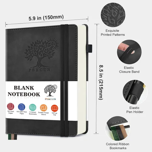 Vista 2 de PERCUN Diario en blanco para hombres y mujeres, 160 páginas en blanco para escribir, dibujar, cuaderno de bocetos, cuaderno de bocetos de cuero