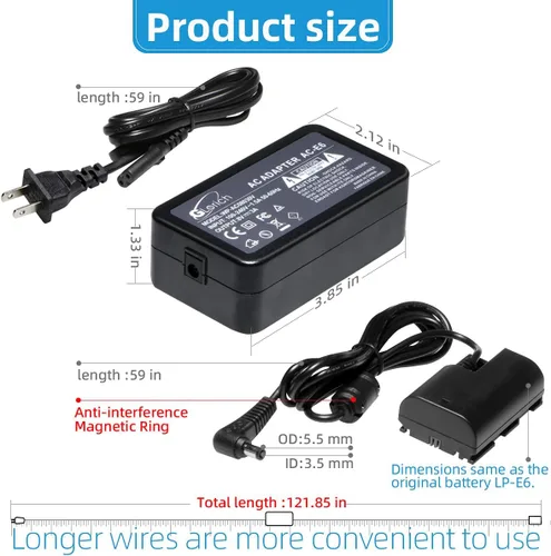 Vista 6 de Glorich ACK-E6 Adaptador de corriente de CA DR-E6 Acoplador DC LP-E6 LP-E6N Kit de fuente de alimentación de batería ficticia para cámaras Canon EOS
