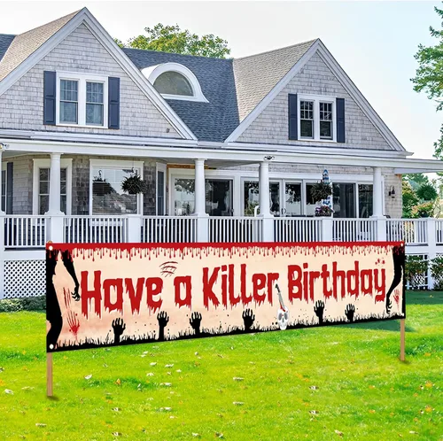 Vista 3 de Labakita Cartel grande de cumpleaños con texto en inglés "Have a Killer", decoración de fiesta de cumpleaños de Halloween, terror de terror
