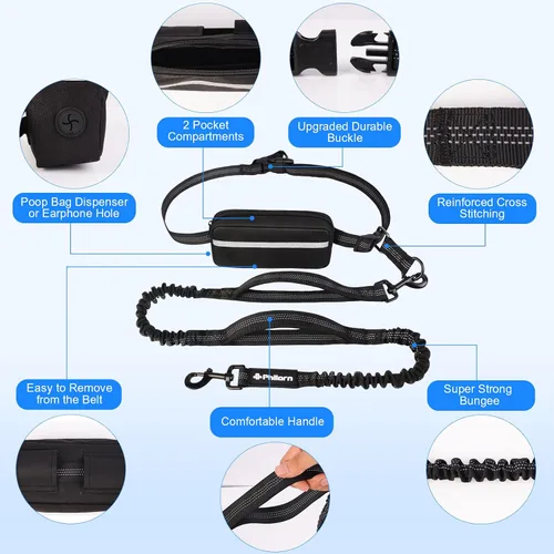 Vista 3 de Philorn Correa de perro manos libres con bolsa, correa de cintura ajustable para pasear perros, correas de correr para perros medianos y grandes