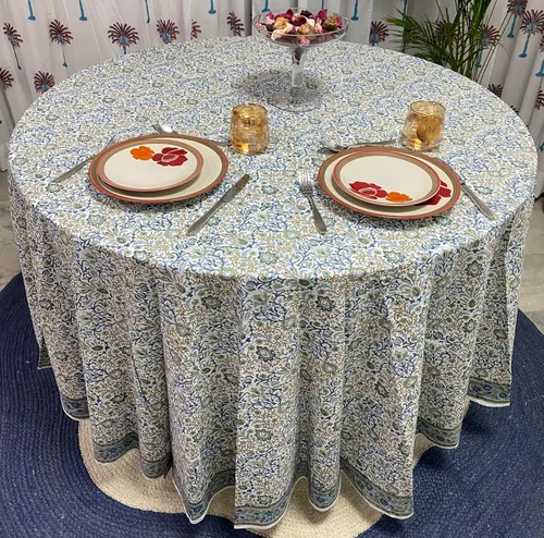 Vista 35 de Mantel redondo con estampado de bloque a mano, 100% algodón, reutilizable, turquesa, verde musgo, 90 pulgadas, mantel decorativo para uso diario