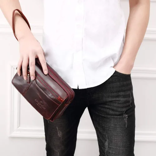 Vista 3 de Bolso de embrague para hombre Bolsos de cuero genuino carteras organizador de negocios titular del teléfono