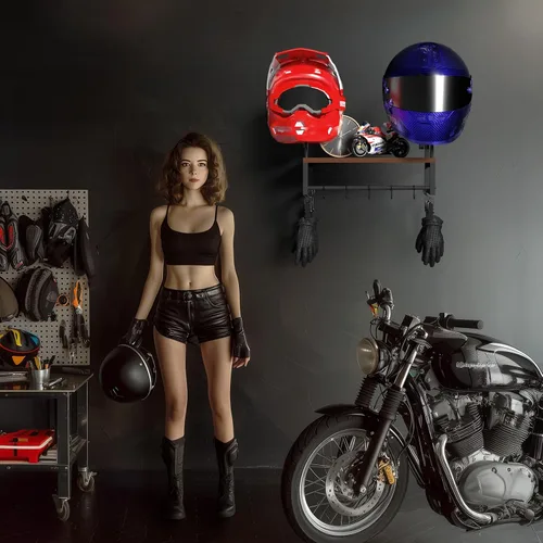 Vista 6 de Soporte de pared para casco, estante retro para casco con tabla de madera, 2 soportes para casco para almacenamiento de equipo de motocicleta