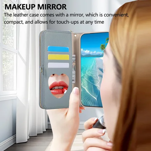 Vista 6 de Asuwish Funda de teléfono para Samsung Galaxy S23 5G con cremallera, funda para celular con protector de pantalla, correa para el hombro, espejo