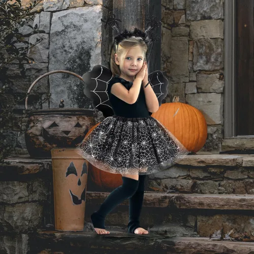 Vista 6 de Halloween Bat Costume Set for Kids, Tutu Skirt for Girls with Headband and Wand Bat Wings Halloween Party Dress up Kit