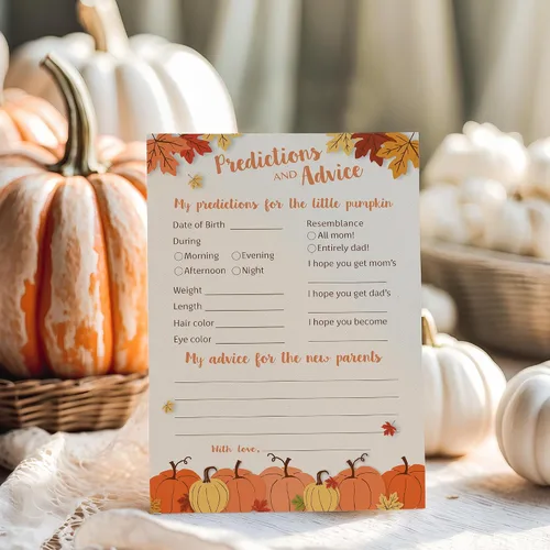 Vista 4 de PUMPKINS - Tarjetas de predicción y consejos – Paquete de 25 – Little Pumpkin Baby Shower Games, nuevos padres, mamá y papá futuros, mensaje de mamá