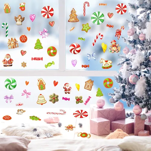 Vista 7 de Adornos de Navidad, calcomanías de pared para despegar y pegar, calcomanías de pared extraíbles de bastón de caramelo, calcomanías de piso de menta