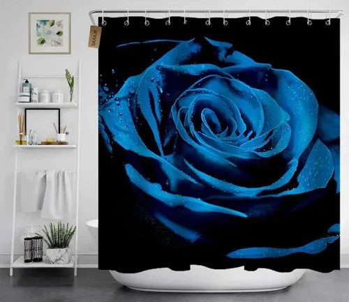 Vista 3 de Juego de 4 cortinas de ducha con diseño floral azul real, decoración de baño con diseño de flores de lluvia, cortina de ducha negra de tela, regalos
