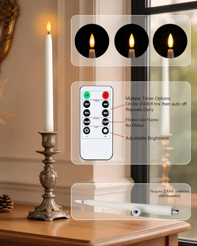 Vista 9 de Homemory Velas cónicas cerosas sin llama de 11 pulgadas con temporizador remoto, 3 velas cónicas que funcionan con pilas con llama parpadeante