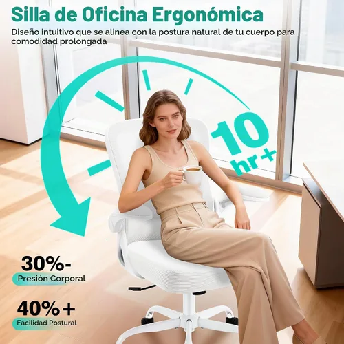 Vista 5 de AreShark Silla de oficina – Silla de escritorio ergonómica de malla transpirable con soporte lumbar ajustable y reposabrazos abatibles – Silla Blanco