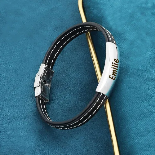 Vista 3 de Pulsera personalizada para hombres pulsera personalizada de cuero trenzado negro con nombre grabado para marido novio pulseras para hombres Sin gemas