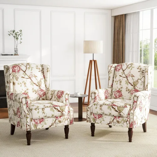 Vista 40 de High Back Accent Chair, Fabric Upholstered Armchair Wingback Chair for Living Room, Comfy Bedroom Reading Seat with Solid Wood Legs, Beige