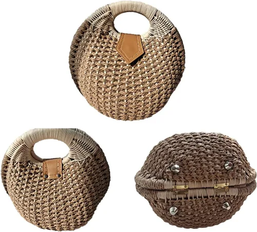Vista 2 de Bolsas de paja para mujer, tejido a mano, con asa, anillo retro, para verano, playa, ratán.