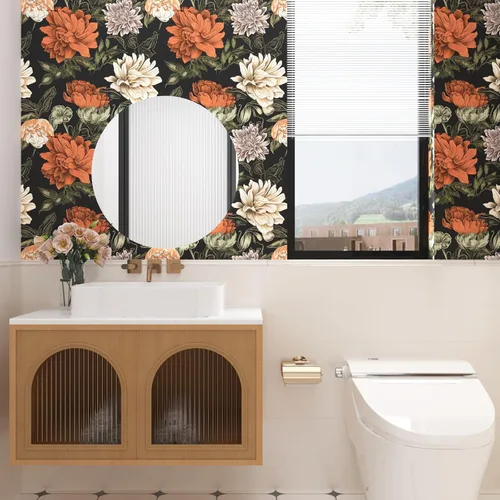 Vista 7 de Papel tapiz bohemio floral para despegar y pegar, papel de contacto vintage y naranja de 17.5 x 118 pulgadas, papel de pared moderno de flores Negro