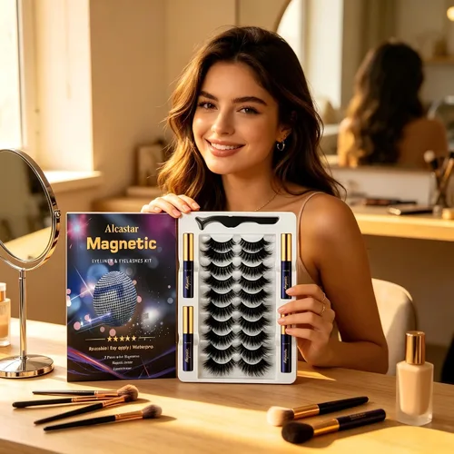 Vista 5 de Alcastar - Kit de pestañas magnéticas, pestañas esponjosas de la misma densidad, juego de delineador magnético impermeable, pestañas de ojos Negro