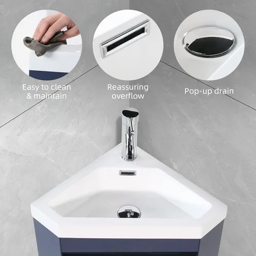 Vista 6 de Juego de tocador de baño de esquina flotante de 22 pulgadas para espacio pequeño montado en la pared, diseño de resina para lavabo, grifo cromado