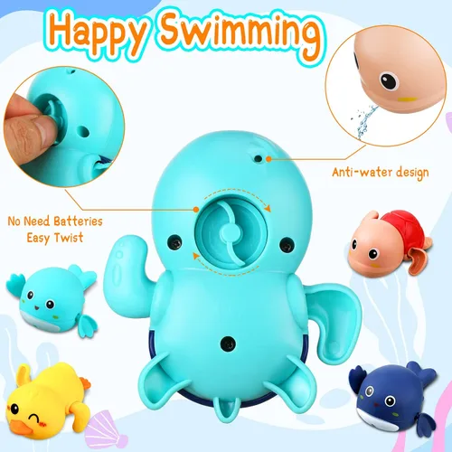 Vista 3 de Outus Los juegos de juguetes de baño de 14 piezas incluyen 12 juguetes flotantes con 2 redes de pesca en forma de pato, juegos de piscina, juguete