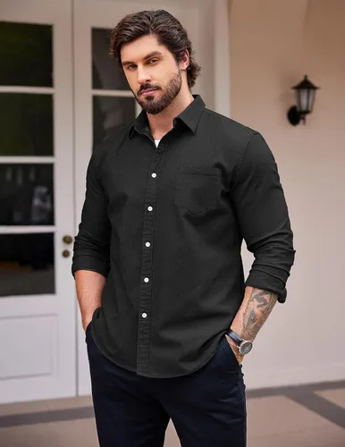 Vista 2 de COOFANDY Camisa vaquera de manga larga con botones para hombre, camisa de trabajo occidental