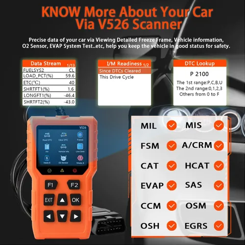 Vista 7 de Herramienta de diagnóstico del escáner V526 OBD2, herramienta de escáner de código de falla de luz del motor de borrado de verificación, DTC, flujo
