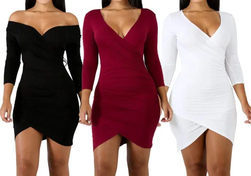 Vista 2 de ECHOINE - Vestido corto de manga larga con cuello en V profundo y hombros descubiertos, para mujer
