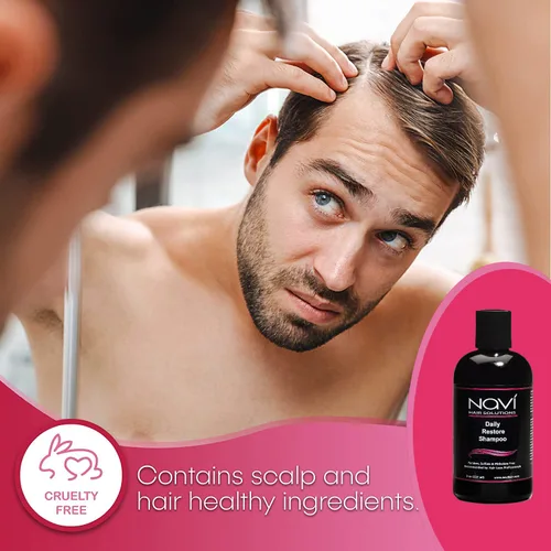 Vista 4 de Navi Champú para la pérdida de cabello para restaurar el crecimiento del cabello, champú bloqueador DHT para adelgazar el cabello con biotina