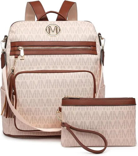 Vista 55 de MKP COLLECTION Mochila de moda para mujer, bolsa convertible grande para mujer, mochila de viaje, bolsa de hombro, juego de 2 piezas con borla, Beige