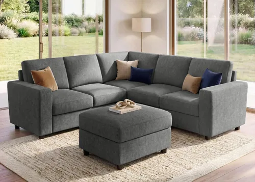 Vista 20 de HONBAY Sofá modular de pana con almacenamiento, sofá en forma de U con diván, sofá modular de 7 plazas para sala de estar, color beige