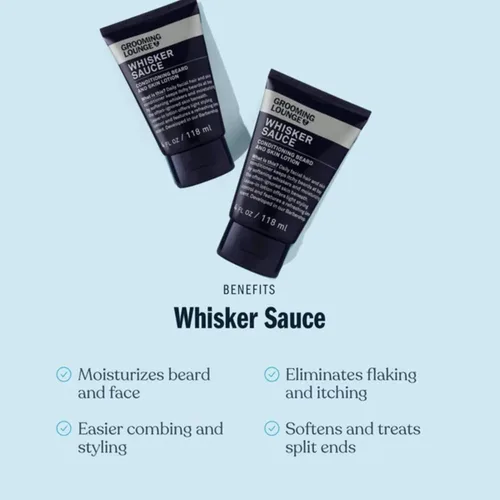 Vista 2 de Grooming Lounge Acondicionador de barba Whisker Sauce – Loción acondicionador para barba y piel – Elimina la picazón y la descamación – Permite