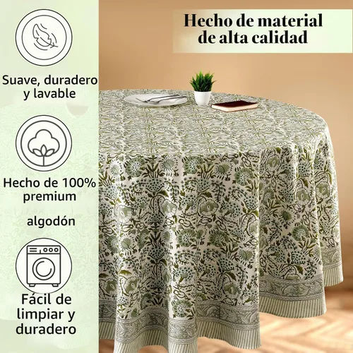 Vista 6 de CPC Mantel redondo - Mantel de algodón con estampado de bloques indios - Mantel de algodón impreso a mano y lavable - Primavera/Verano, mantel