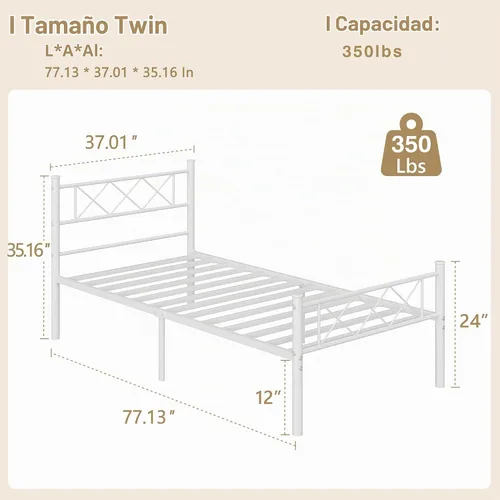 Vista 2 de VECELO Base de cama de tamaño individual con cabecero, base de cama resistente con listones de metal fuertes, no necesita somier y fácil montaje