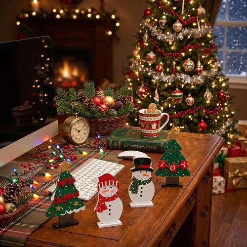 Vista 5 de DECSPAS Decoraciones navideñas para interiores, 4 piezas de árboles de Navidad de madera y muñecos de nieve para centros de mesa, bandeja escalonada