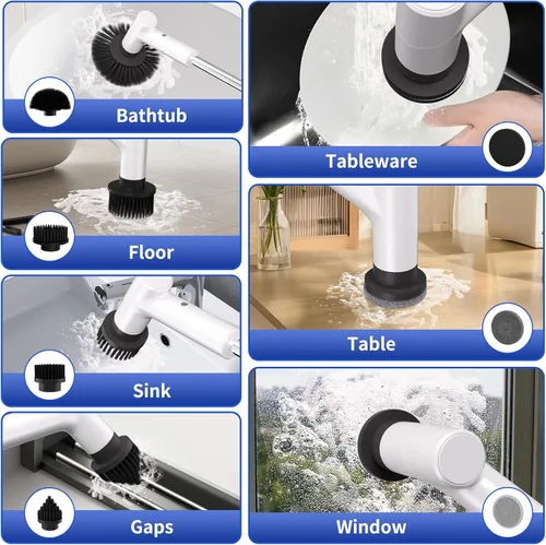 Vista 6 de Limpiador eléctrico giratorio, limpiador de ducha inalámbrico con 7 cabezales de cepillo de repuesto, IPX5 impermeable para baño con mango