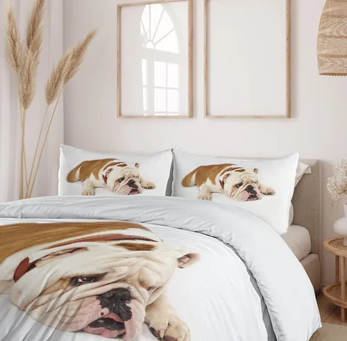 Vista 6 de Ambesonne Juego de funda de edredón de Bulldog inglés, Bulldog triste y cansado, fotografía de animales de raza pura europea, juego de cama
