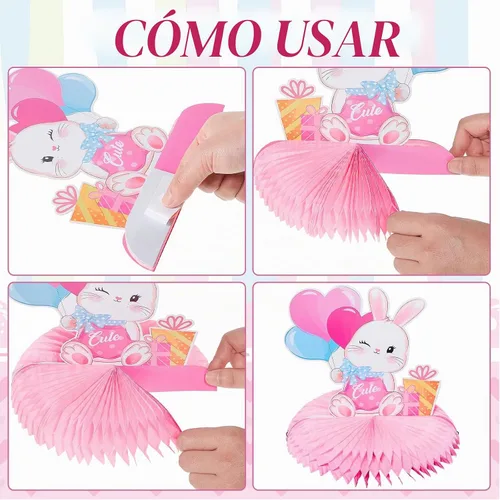Vista 3 de Kit de decoración de fiesta de cumpleaños de conejo, 26 piezas, suministros de conejo, pancarta, panal, centro de mesa, remolinos colgantes