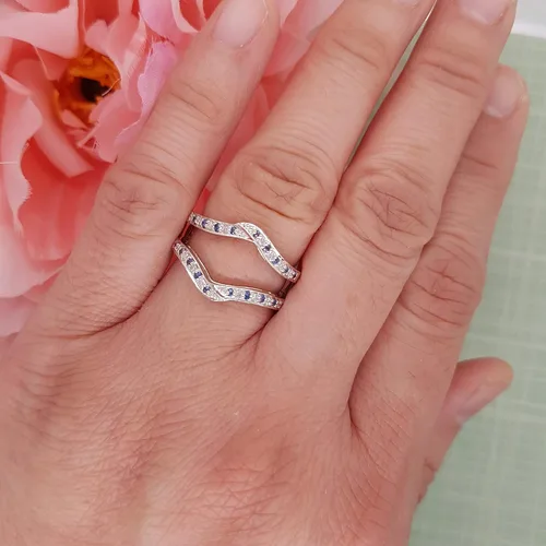 Vista 6 de Anillo doble de oro redondo de oro de 14 quilates con zafiro azul y diamante blanco para mujer