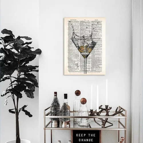 Vista 3 de Martini Cup - Lienzo decorativo de diccionario retro para pared, letreros enmarcados para bar, club, salón, cocina, decoración de pared del hogar