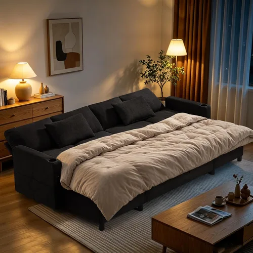 Vista 2 de Sofá cama extraíble de tela de 110 pulgadas con respaldos ajustables, sofá cama modular con puertos USB y 2 soportes para tazas, sofá tapizado