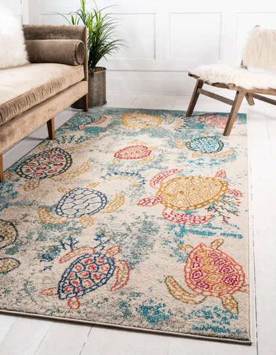 Vista 8 de Unique Loom Positano Collection - Alfombra costera moderna de tortugas en beige, de la colección Positano (2 x 7 pies)