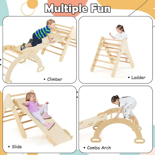 Vista 3 de Olakids Conjunto Triangular Pikler 7 en 1 Juguetes de Escalada para Niños Pequeños de 1 a 3 Años Interior Plegable de Madera Montessori Gimnasio