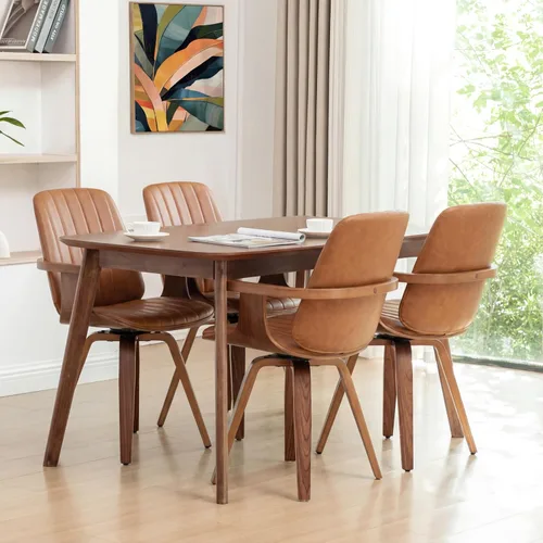 Vista 9 de WUPOTO Juego de 1 silla de comedor giratoria, silla de comedor moderna de mediados de siglo con artesanía de nogal, piel sintética tapizada, brazos