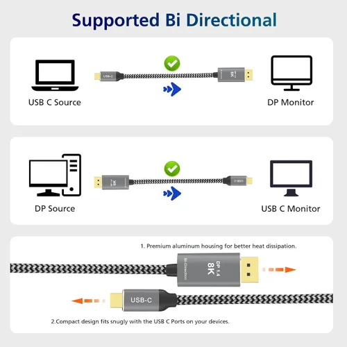 Vista 3 de Cable USB C a DisplayPort 8K, bidireccional, DisplayPort a USB C 4K 144Hz/2K 240Hz, compatible con Thunderbolt 4, trenzado, funciona con iPhone
