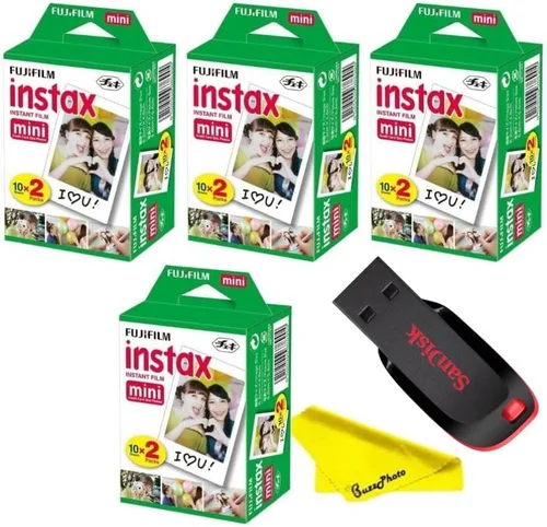 Vista 10 de Fujifilm Película Instax Mini para cámara instantánea con unidad flash USB Sandisk de 32 GB + 2 paquetes mini dobles (40 hojas) y paño de limpieza