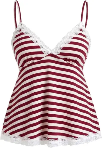 Vista 15 de SOLY HUX Tops tipo babydoll a rayas con encaje Y2K para mujer Negro (Black Polka Dots)