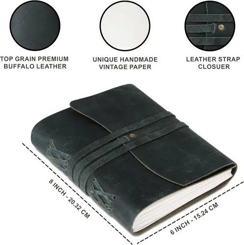 Vista 3 de KomalC Cuaderno de cuero hecho a mano 7x5 pulgadas Cuaderno vintage azul con papel en blanco sin renglones Diario de viaje antiguo, cuaderno