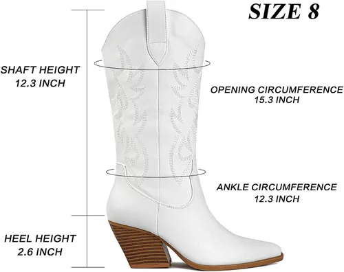 Vista 3 de Mostrin Botas vaqueras para mujer, punta puntiaguda, botas vaqueras a media pantorrilla, tacón grueso, botas occidentales