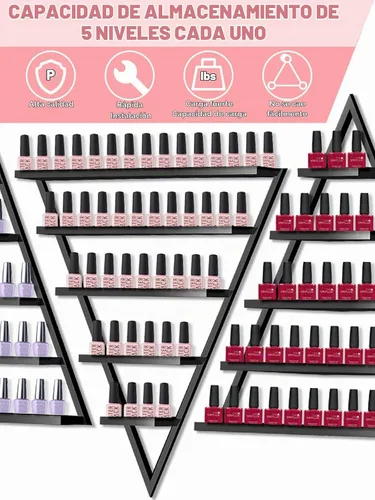 Vista 5 de Lorvain - 10 estantes de almacenamiento de esmalte de uñas de metal para montaje en pared, 5 niveles, color negro, triangular, vitrina
